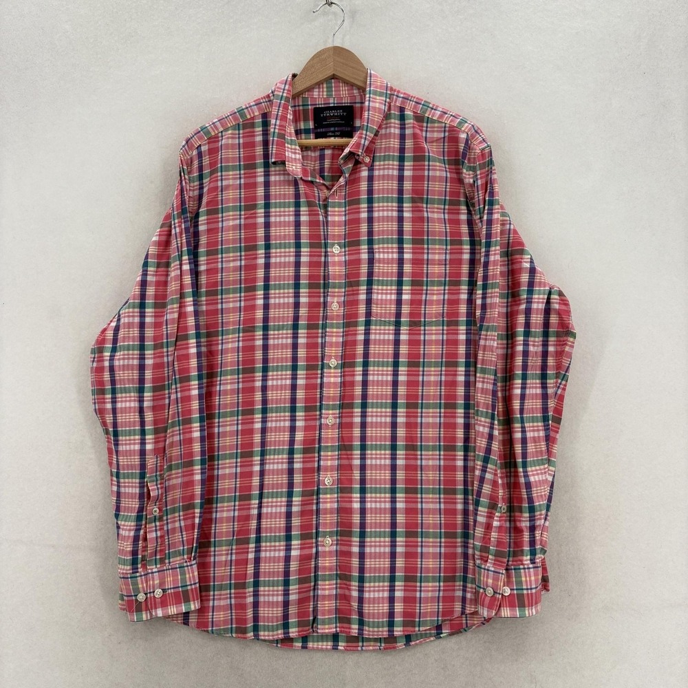 Charles Tyrwhitt Weekend Shirt Mens Large Pink Plaid Long Sleeve Slim Fit Casual